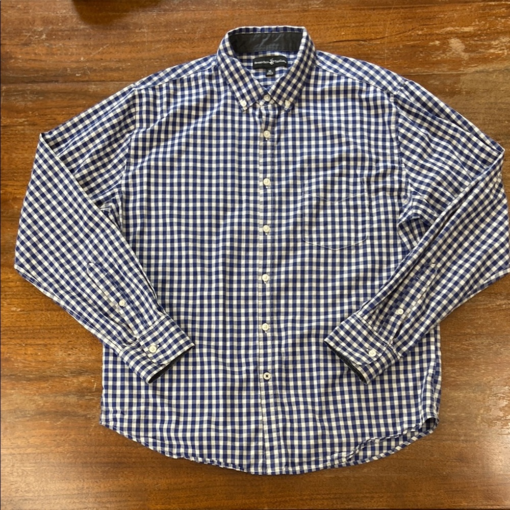 Beverly Hills Polo Club plaid gingham Blue White Button Down Dress Shirt XLarge